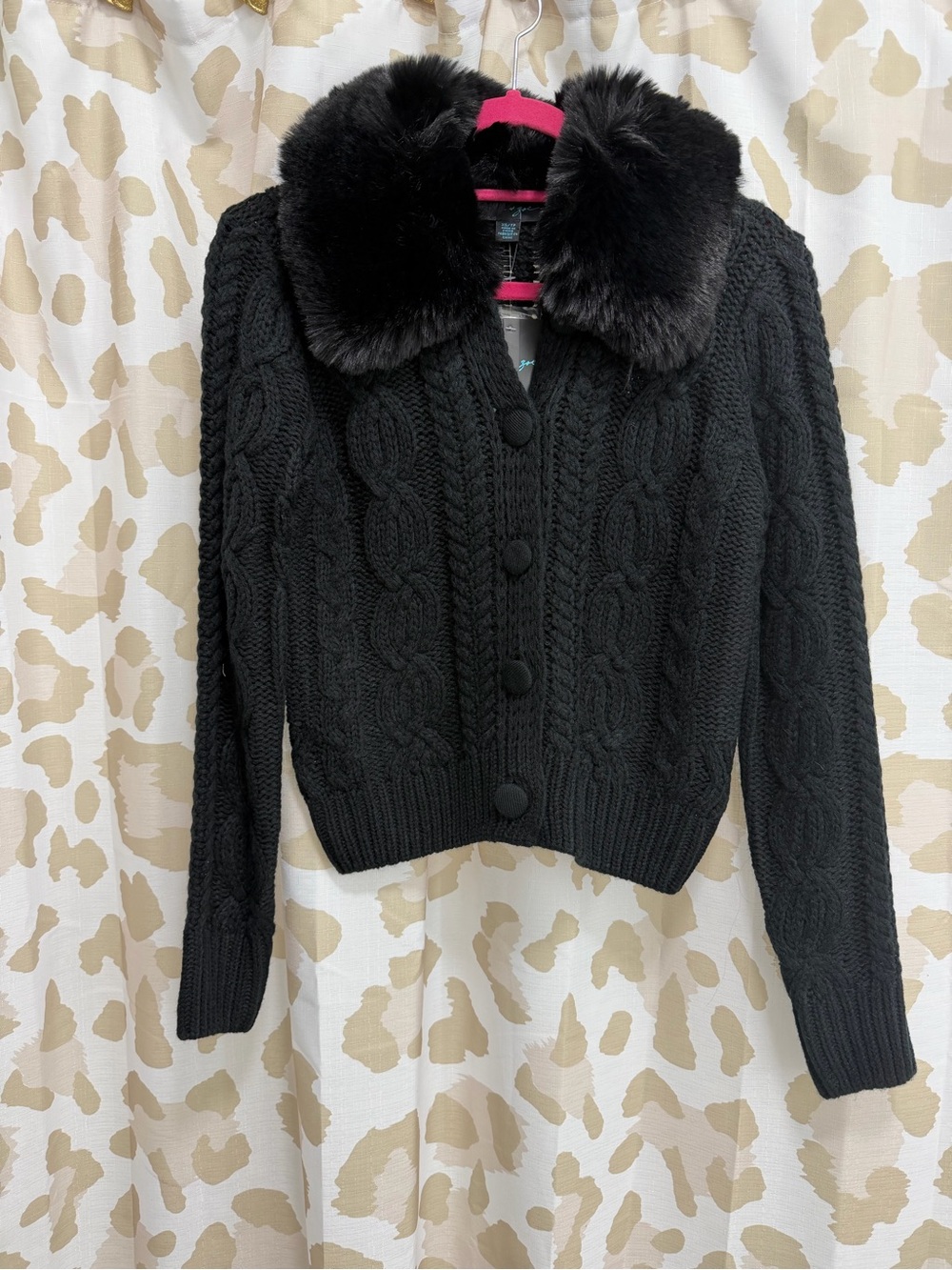 Faith & Zoe Black Cable-Knit Cardigan with Faux Fur Collar